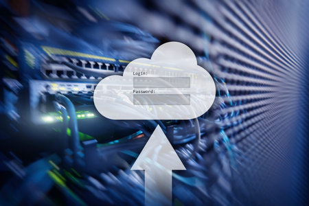 Cloud storage, data access, login and password request window on server room background. Internet...