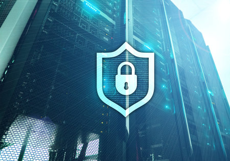 Cyber protection shield icon on server room background. Information Security and virus detection.