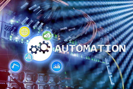 Automation of business Process and innovation technology in manufacturing. Internet and technology concept on server room background.の写真素材