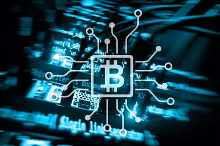 Bitcoin, Blockchain concept on server room background.の写真素材