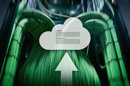 Cloud storage, data access, login and password request window on server room background. Internet and technology concept.の写真素材