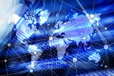 World map with communication network on server room background.の写真素材