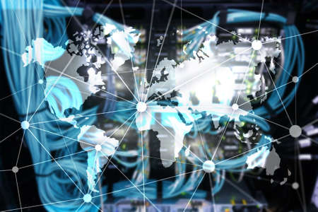 World map with communication network on server room background.