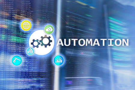 Automation of business Process and innovation technology in manufacturing. Internet and technology concept on server room background.の写真素材