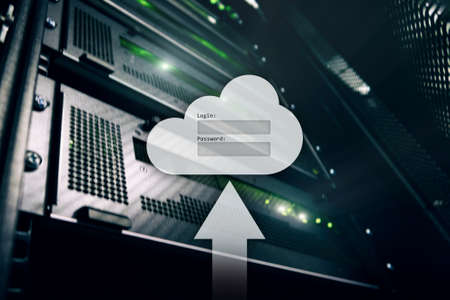 Cloud storage, data access, login and password request window on server room background. Internet...