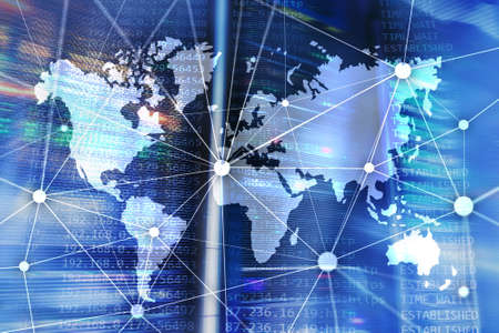 World map with communication network on server room background.