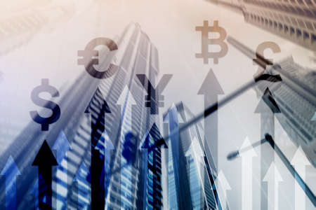 Double exposure business and financial concept. Currency growth arrows. Stock trading and forex.