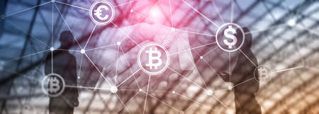 Double exposure Bitcoin and blockchain concept. Digital economy and currency trading.