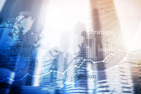 Business abstract background double exposure graph, chart and diagram. World wide map, Global business and financial trading concept.の写真素材
