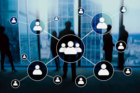 HR - Human resources management concept on blurred business center background.