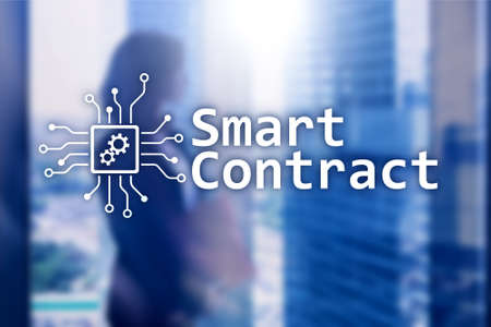 Smart contract, blockchain technology in business, finance hi-tech concept. Skyscrapers background.の写真素材