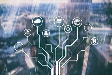 Telecommunication and IOT concept on blurred business center background.