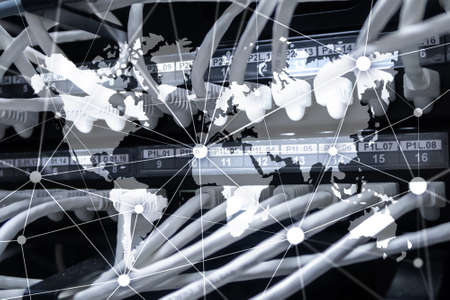 Double exposure world map. Global business and financial market concept.