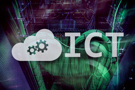 ICT - information and communications technology concept on server room background.