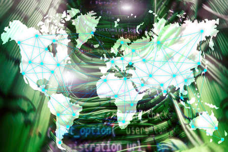 Internet and telecommunication concept with world map on server room background.の写真素材