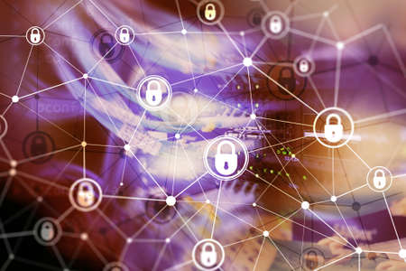 Cyber security, information privacy, data protection concept on modern server room background. Internet and digital technology concept.の写真素材