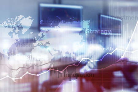 Business abstract background double exposure graph, chart and diagram. World wide map and. Global...