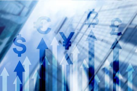 Double exposure business and financial concept. Currency growth arrows. Stock trading and forex.