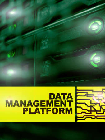 Data management and analysis platform concept on server room background.