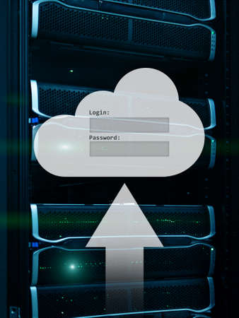 Cloud storage, data access, login and password request window on server room background. Internet...