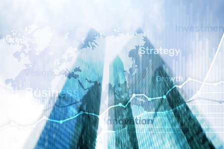 Business abstract background double exposure graph, chart and diagram. World wide map and. Global business and financial trading concept.の写真素材