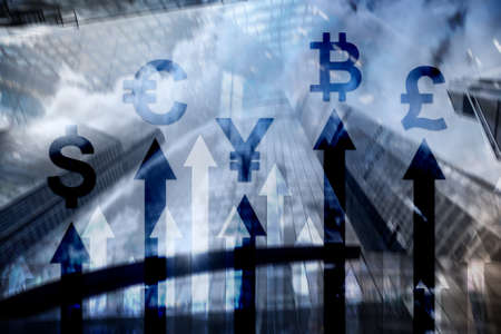 Double exposure business and financial concept. Currency growth arrows. Stock trading and forex.の写真素材