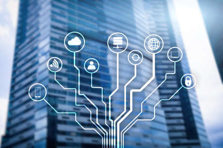 Telecommunication and IOT concept on blurred business center background.
