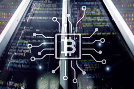 Bitcoin, Blockchain concept on server room background.