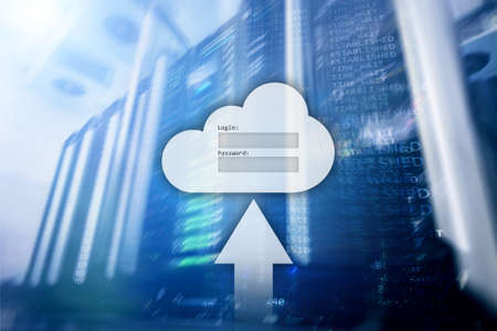 Cloud storage, data access, login and password request window on server room background. Internet and technology concept.の写真素材