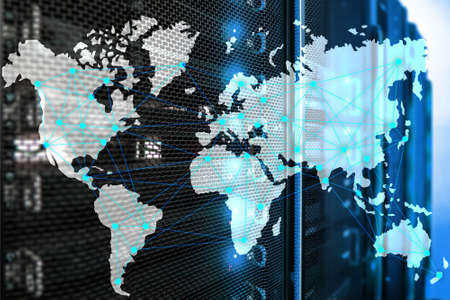 Internet and telecommunication concept with world map on server room background.の写真素材