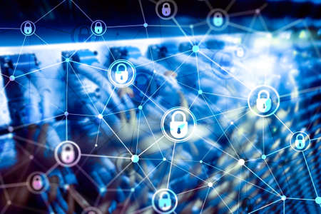 Cyber security, information privacy, data protection concept on modern server room background. Internet and digital technology concept.の写真素材