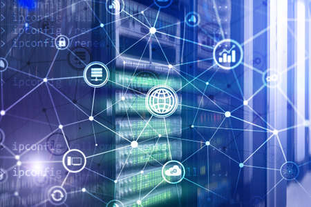 ICT - information and telecommunication technology and IOT - internet of things concepts. Diagrams with icons on server room backgrounds.の写真素材