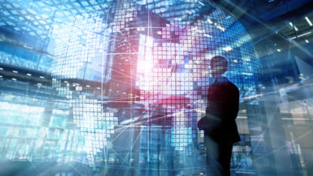3D Earth hologram on blurred background.Global business and communication concept.