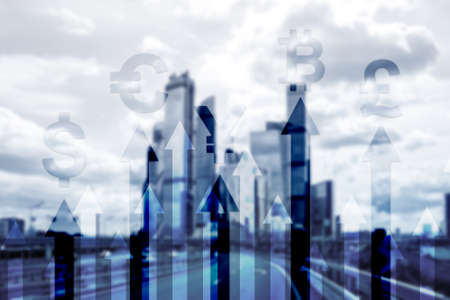 Double exposure business and financial concept. Currency growth arrows. Stock trading and forex.の写真素材