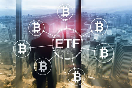 Bitcoin ETF cryptocurrency trading and investment concept on double exposure background.の写真素材