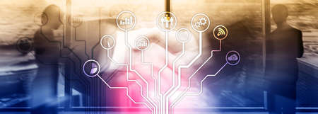 Business applications icons on blurred background. Financial and trading. Internet technology...
