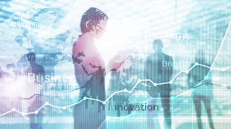 Business abstract background double exposure graph, chart and diagram. World wide map and. Global...