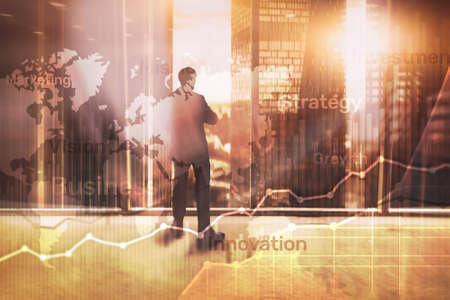 Business abstract background double exposure graph, chart and diagram. World wide map and. Global...