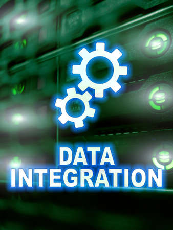 Data integration information technology concept on server room background.