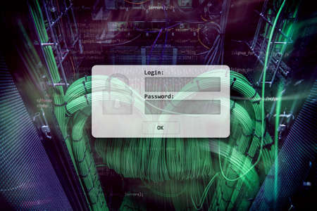 Server room, login and password request, data access and security.