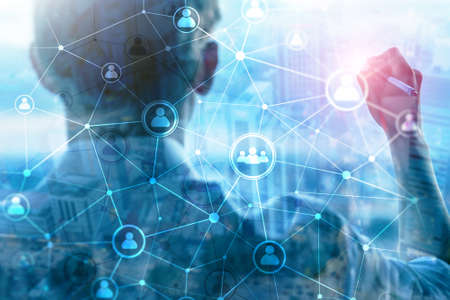 Double exposure people network structure HR - Human resources management and recruitment concept.