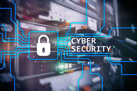 Cyber security, information privacy and data protection concept on server room background.