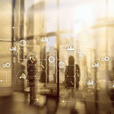 Double exposure mixed media. Diagrams and icons on hologram screen. Business people and modern city...