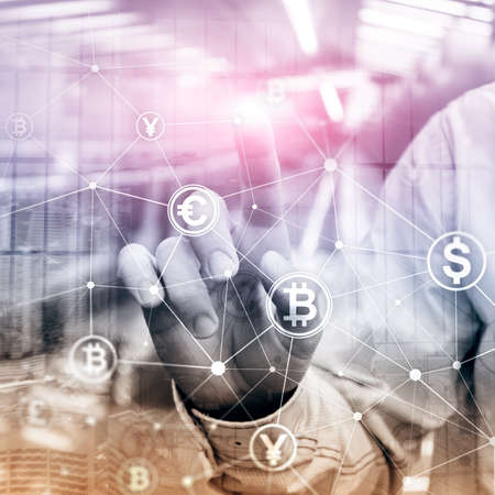 Double exposure Bitcoin and blockchain concept. Digital economy and currency trading.の写真素材