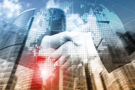 3D Earth hologram on blurred background.Global business and communication concept.の写真素材