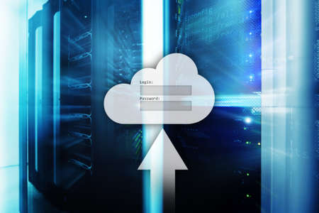 Cloud storage, data access, login and password request window on server room background. Internet...