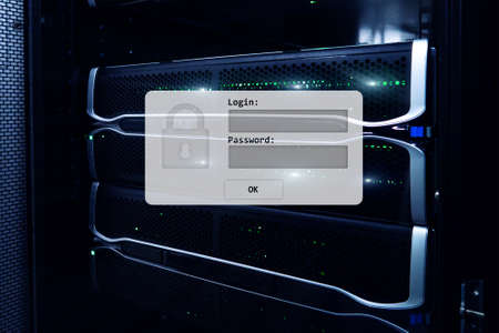 Server room, login and password request, data access and security.