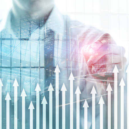 Up arrow graph on skyscraper background. Invesment and financial growth concept.