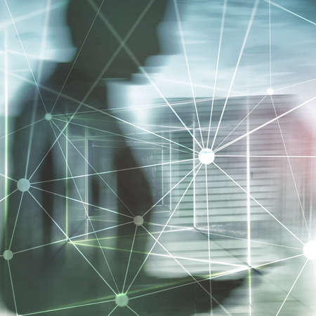 Blockchain network on blurred skyscrapers background. Financial technology and communication...