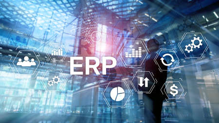 ERP system, Enterprise resource planning on blurred background. Business automation and innovation...